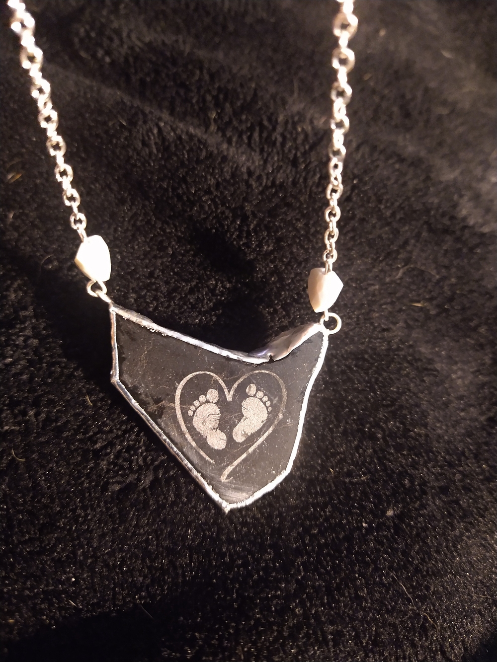Black Marble Engraved Heart Pendant Necklace with Baby Footprint Detail